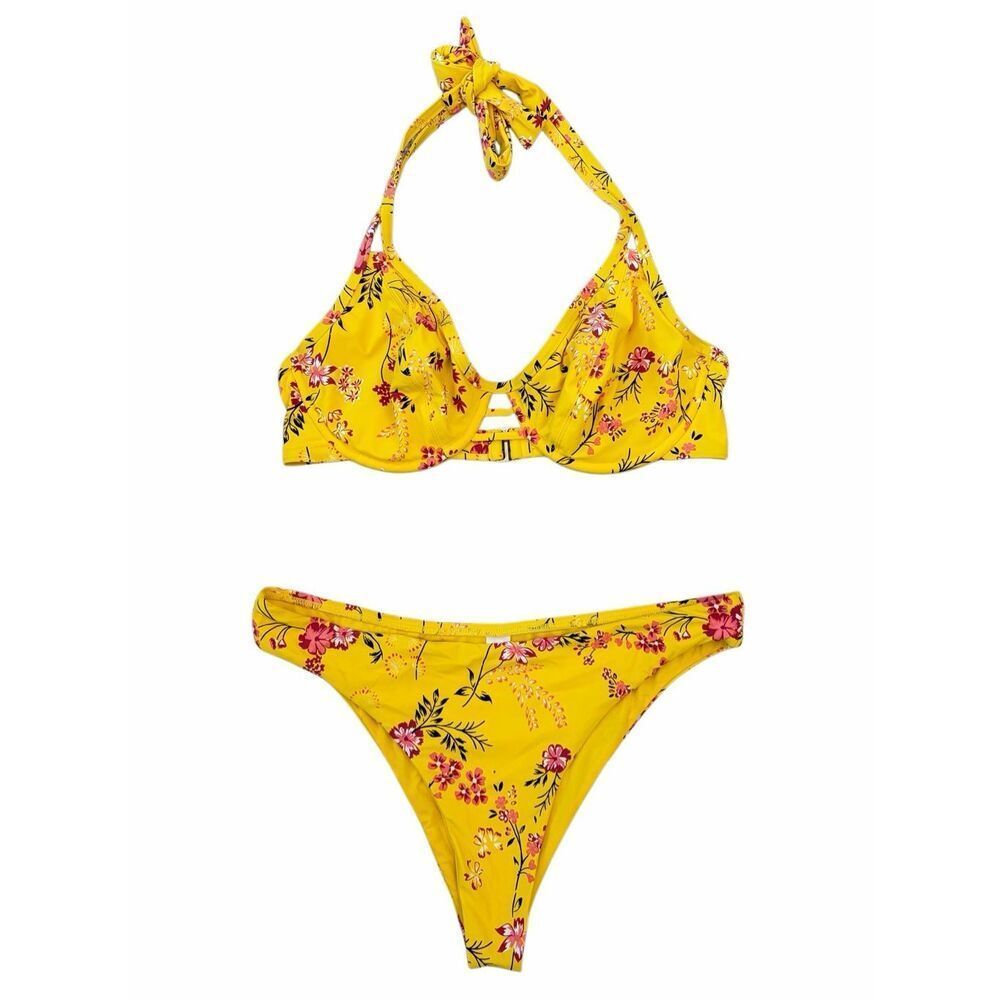 Birdsong Yellow Floral Bikini Set Underwire Halter Top 36D Bottom L - Picture 3 of 12
